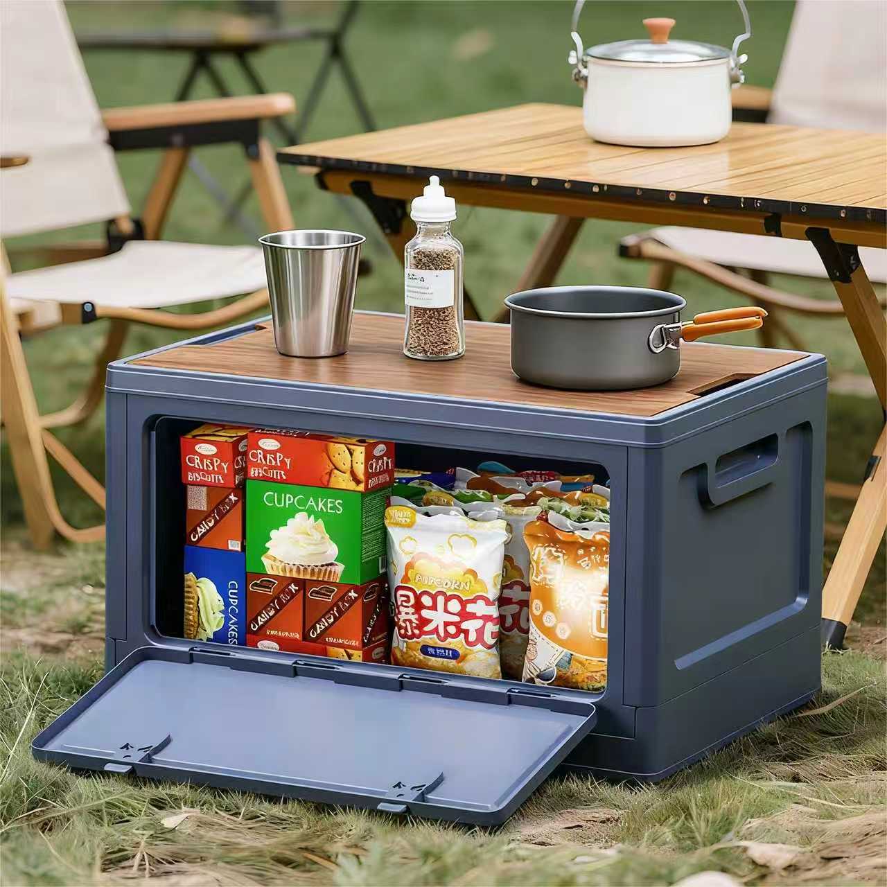 40cm Green Multifunctional Foldable Storage Box with Wooden Lid - Collapsible Outdoor Camping Crate, Stackable Home Organizer with Side-Opening Doors for Car โ image 5