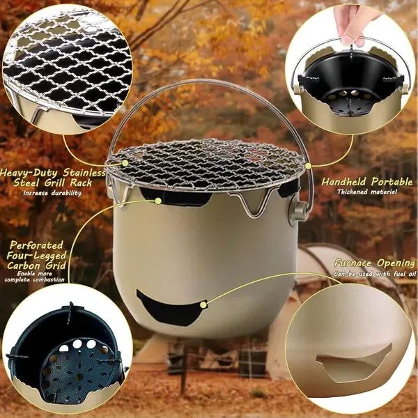 1 Piece Portable Charcoal Grill, 304 Stainless Steel Mini BBQ with Carry Handle for Camping and Picnics for 2-6 People, Silver โ image 3