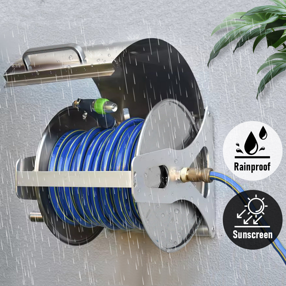 Large Stainless Steel Garden Hose Reel Cart Portable Pipe Holder With Rainproof Sunscreen Protection Lid and Crank Handle — image 6