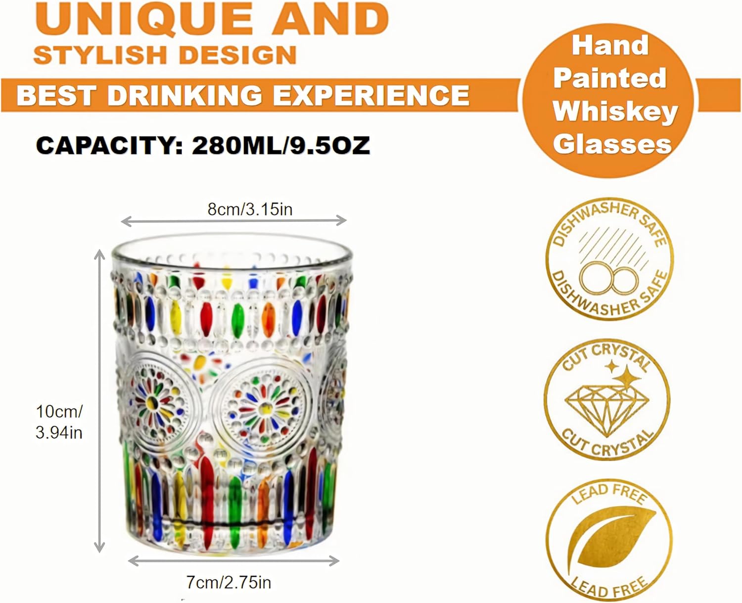 Petluno Hand Painted Stained Glass Whiskey Tumblers, Lead-Free Crystal Colorful Wine Glasses Old Fashioned for Drinking Bourbon, Scotch Whisky, Cocktails โ image 2