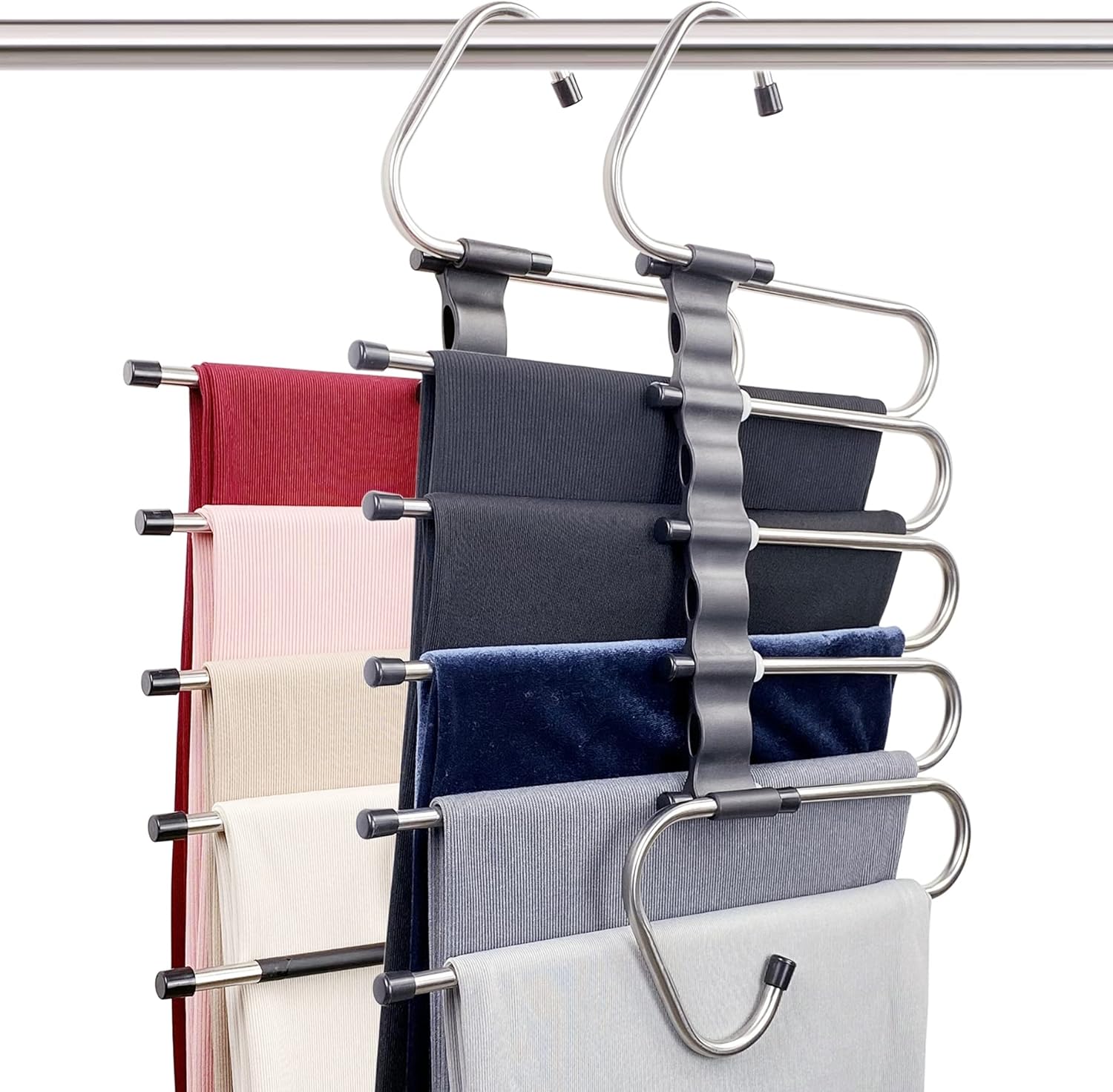 Magic Pants Hangers Space Saving - 2 Pack for Closet Multiple Layers Multifunctional Uses Rack Organizer for Trousers Scarves Slack (2 Pack with 10 Metal