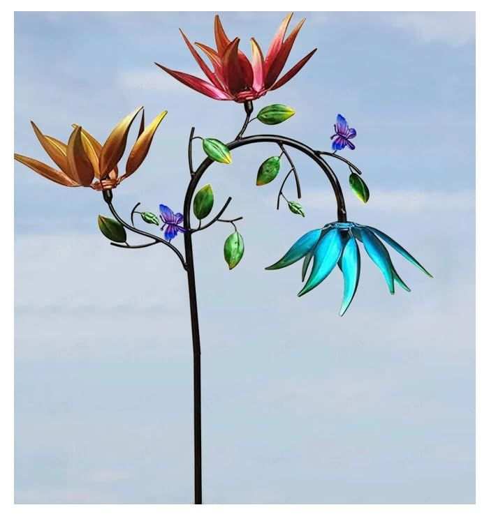 Large Metal Wind Spinner with Three Spinning Flowers and Butterflies Windmill Spinner for Yard and Garden Outdoor Art Decoration