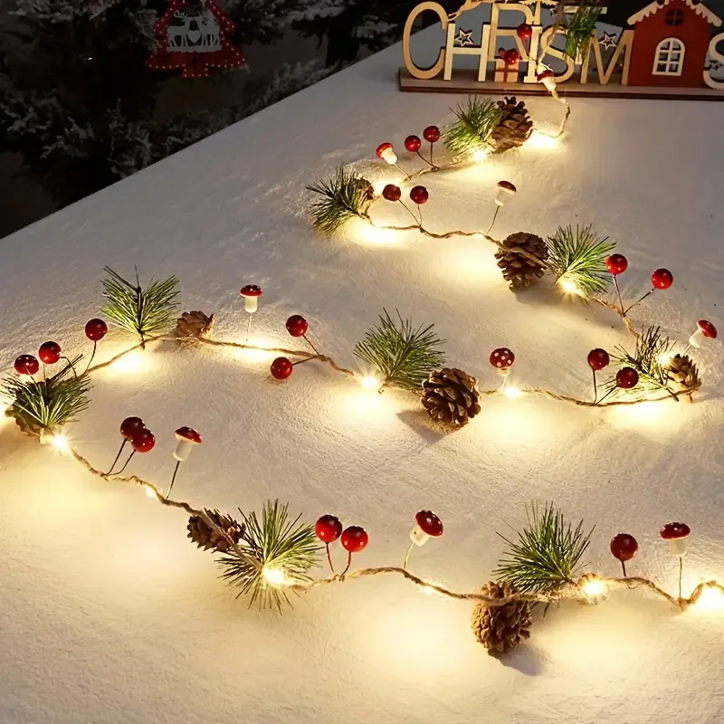 Christmas Forest-Style Decorative String Light | 200cm, 20 Warm White LEDs, Adorned with Pine Needles, Pinecones & Red Berries, Battery-Powered (Batteries Not