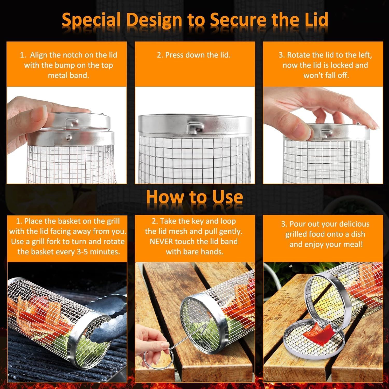 2PCS Rolling Grill Baskets for Outdoor Grill, Egg Accessories-Set Includes Fork, Hook, and Oil Brush-304g Stainless Steel-Perfect Gifts for Dad, Camping Must — image 5