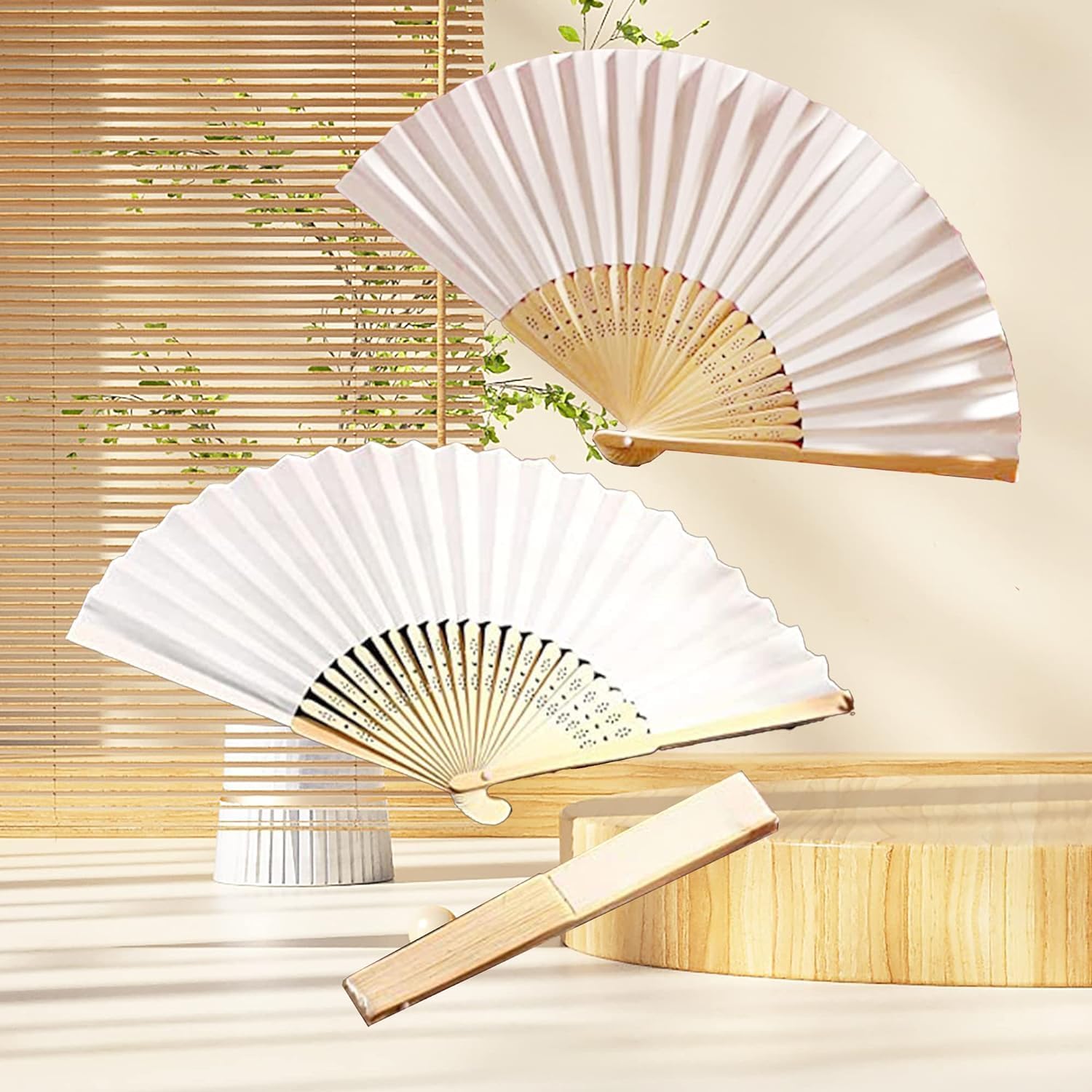 50pcs White Paper Hand Fan Bamboo Folding Fan Handheld Wedding Fans Folded Fan for Bridal Dancing Party Favors Church Home Office Decoration Gift DIY Supplies — image 6
