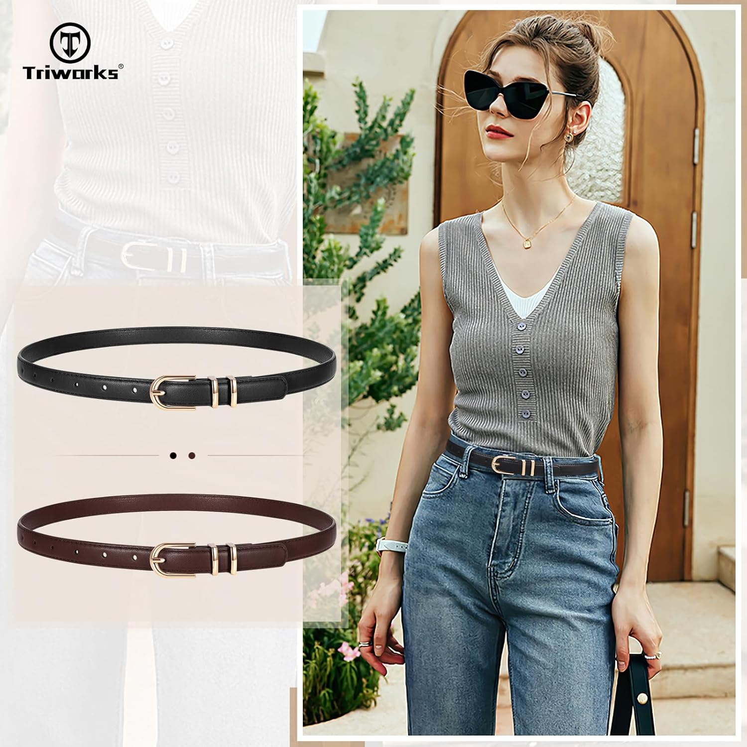 2 Pack Women Skinny Leather Belts for Jeans Pants Thin Faux Leather Belt with Gold Buckle โ image 3