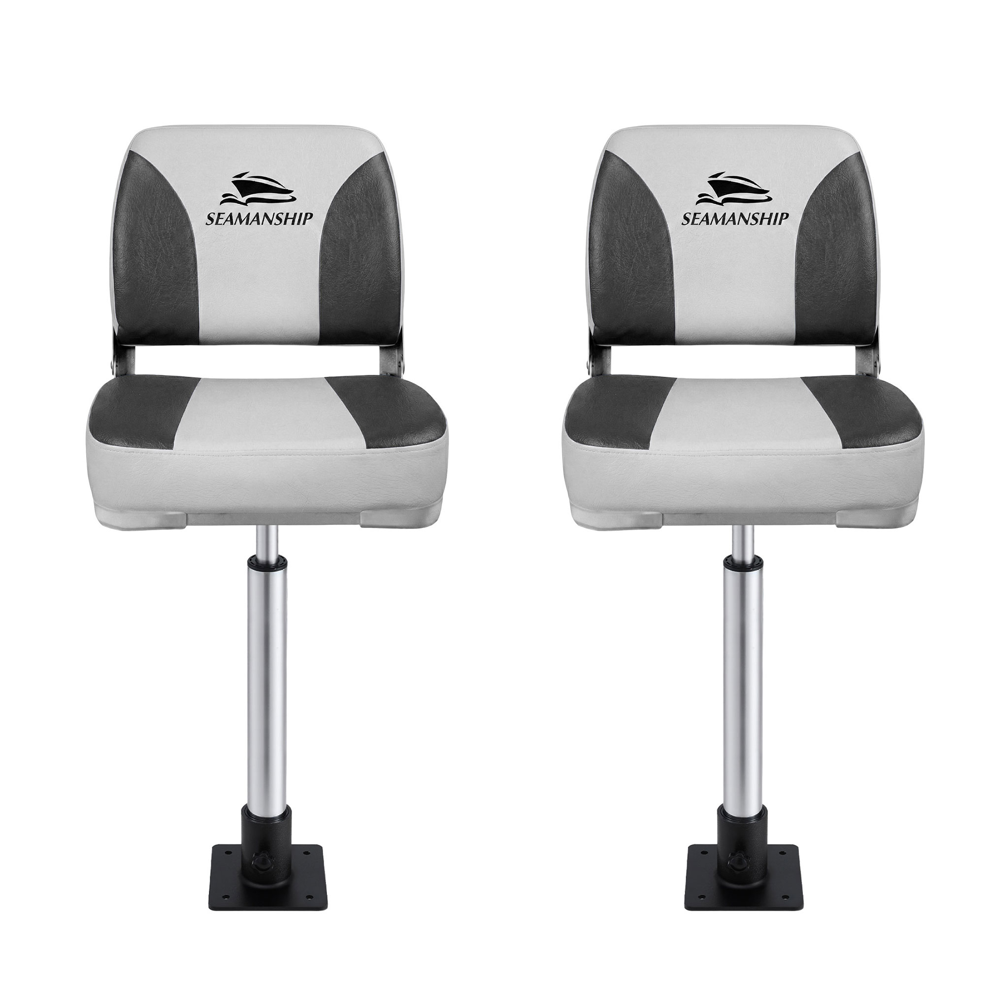 Seamanship 2X Folding Boat Seats with 2X Adjustable Pedestals 55–75cm Marine Swivel Low Back 13cm Padding Charcoal — image 3