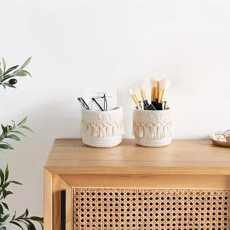 Beige Boho Cotton Rope Tassel Storage Baskets – Set of 2 Round Woven Organizers for Makeup Brushes & Desktop Essentials (12cm Diameter) — image 4