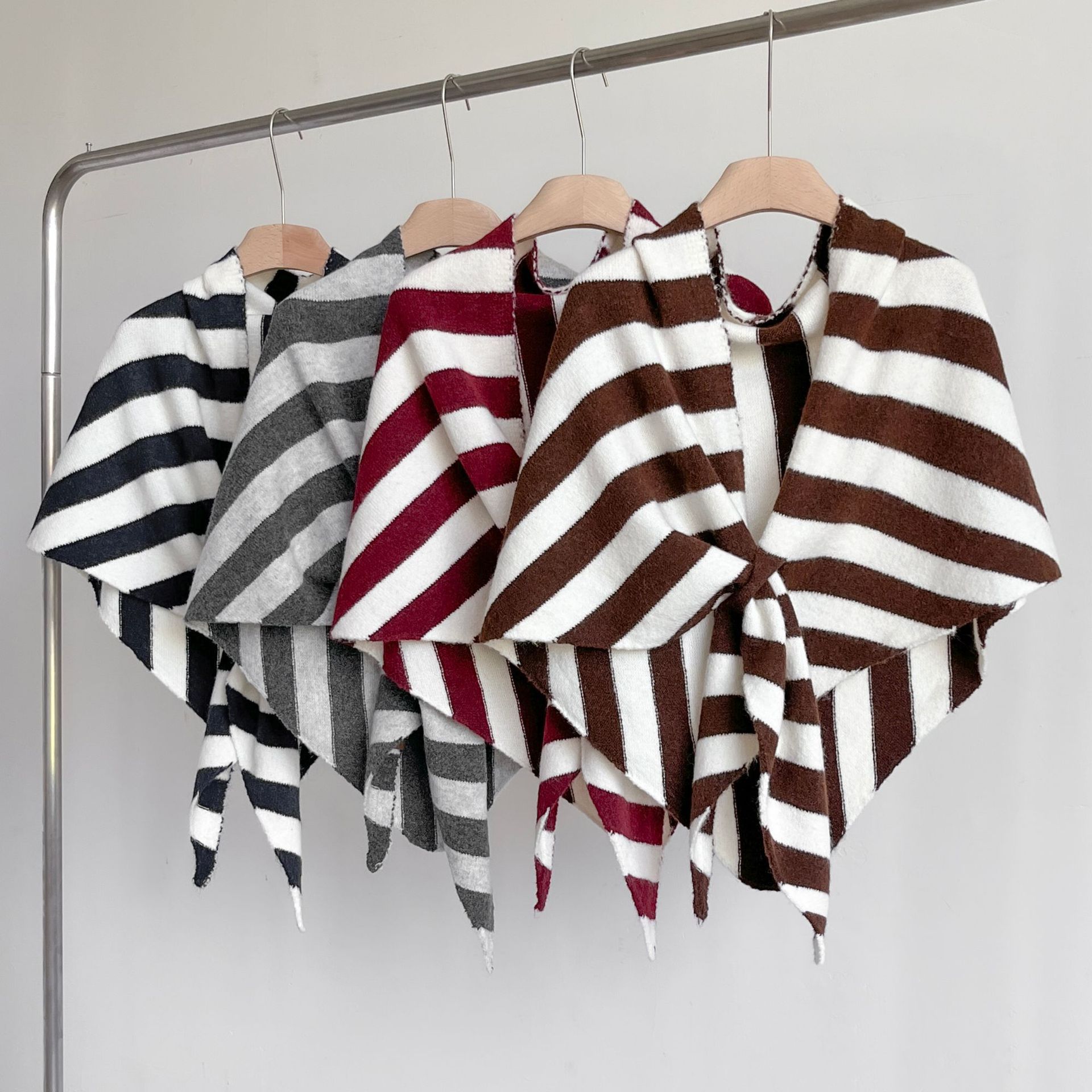Grey Striped Women's Triangle Shawl Cape - Soft Knit Faux Cashmere Poncho Wrap, Lightweight Warm Pullover for Office Travel & Daily Wear — image 4