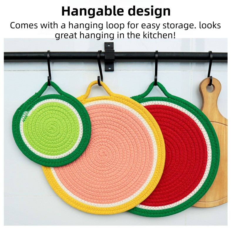 3-Piece Grapefruit Inspired Kitchen Heat Resistant Set with 18cm & 30cm Round Cotton Rope Woven Trivets + 1 Pair Duckbill Oven Mitt - Foldable Table Protection — image 5