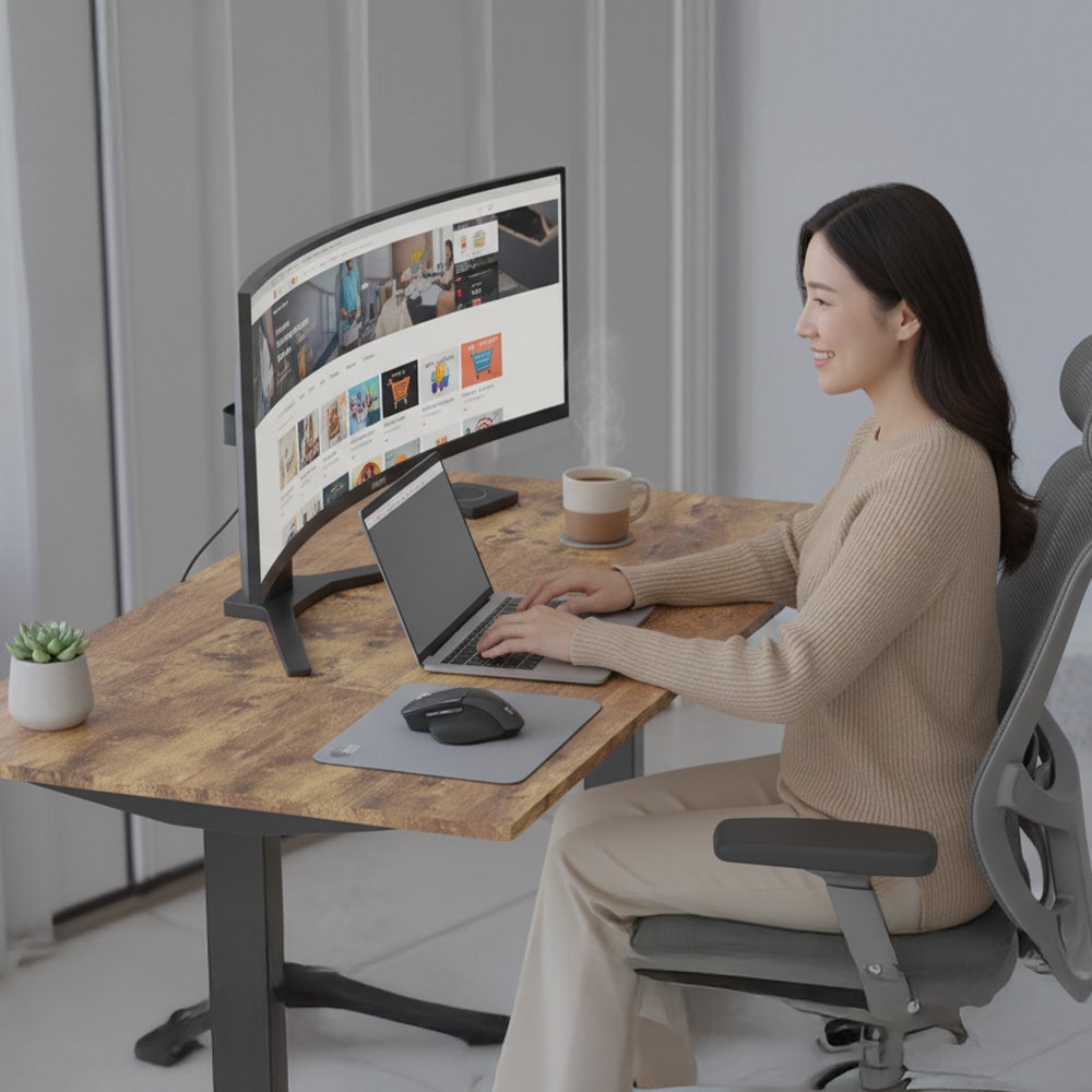 FORTIA Sit to Stand Standing Desk, 160x60cm, 72-118cm Electric Height Adjustable, Walnut Style Desktop/Black Frame โ image 2