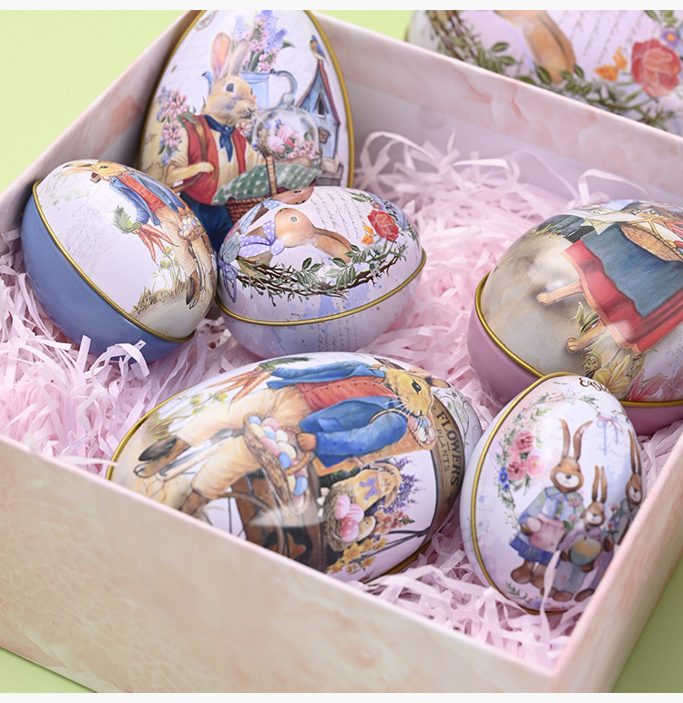 Easter Decorative Tin Egg Set of 3 Sizes with Vintage Rabbit Artwork for Home Display and Gift Giving(Style B) — image 4