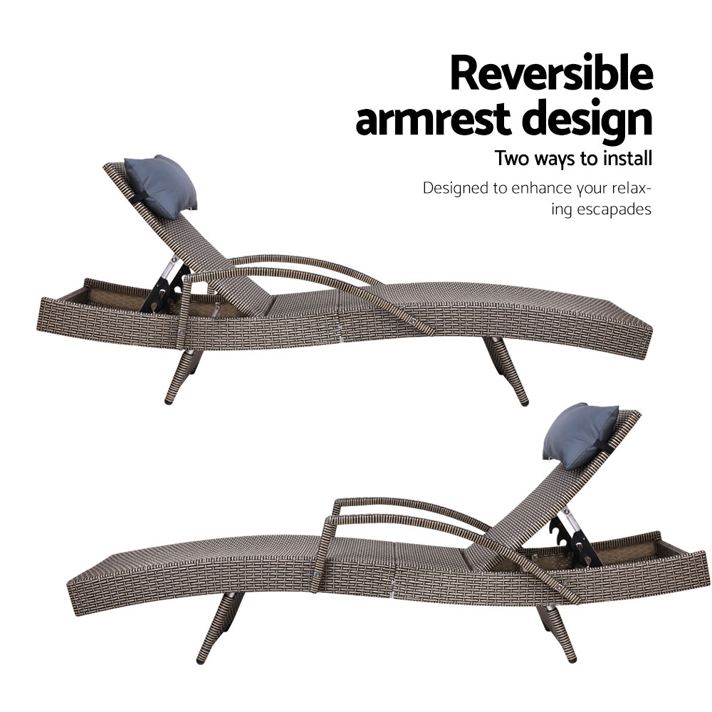 Gardeon 2x Sun Lounge Wicker Lounger Outdoor Furniture Beach Armchair Adjustable Grey&Beige โ image 6