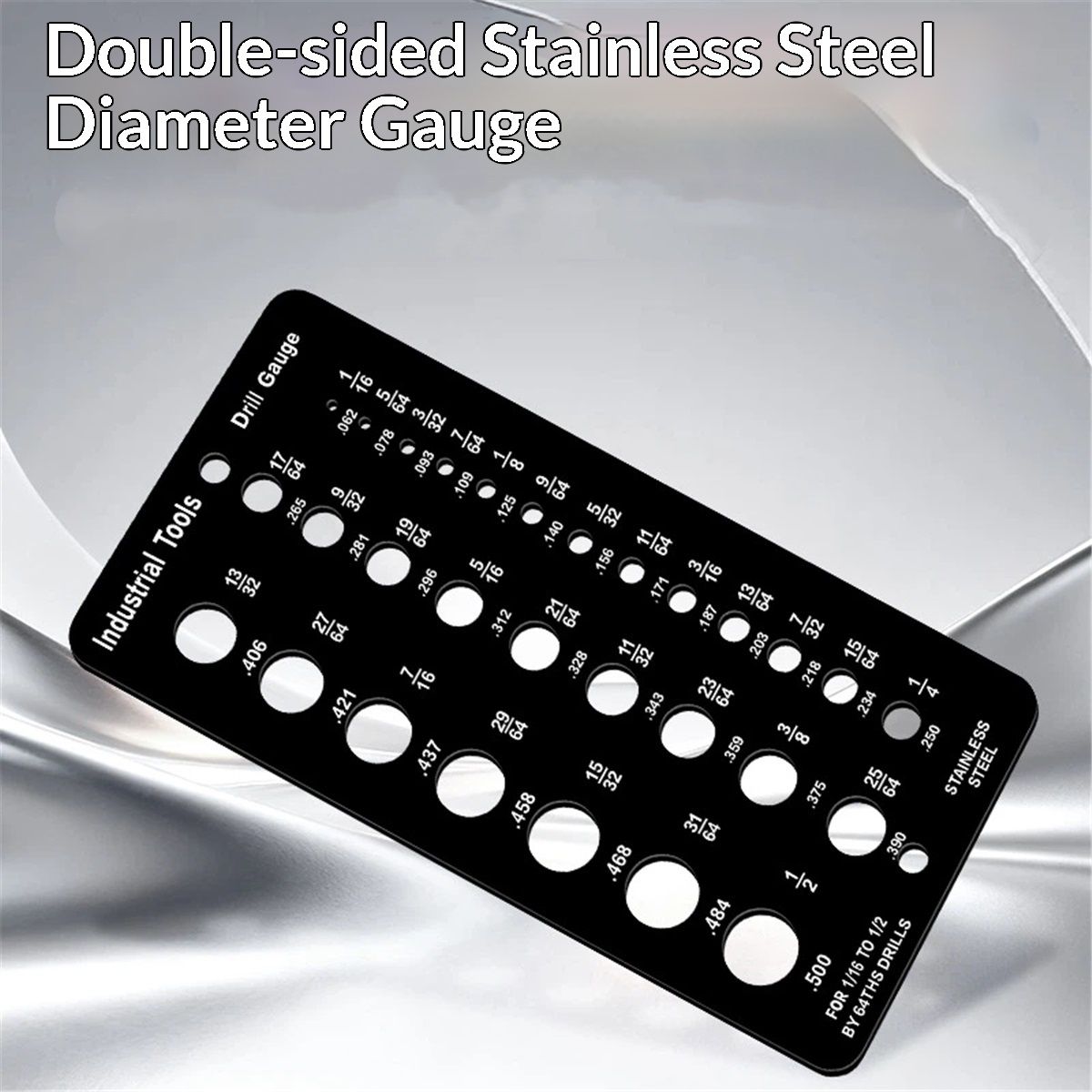 2 pack Stainless Steel Drill Gauge - 29-Holes Standard Metric Size, 1/16 Inch to 1/2 Inch Drill Bit Index, 1pc Black + 1pc Silver — image 4