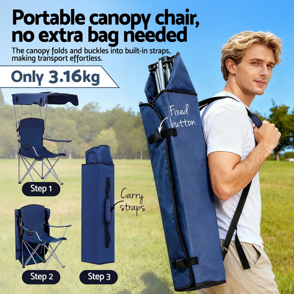 Weisshorn Camping Chair With Canopy Folding Outdoor Portable Seat Lightweight Beach Picnic Fishing Capacity 120KG Navy Blue — image 6