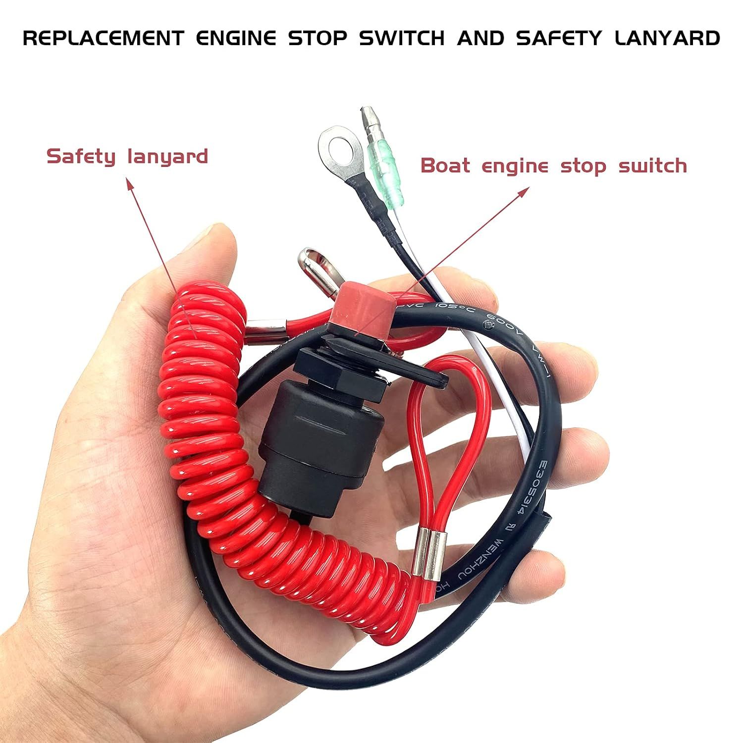 Boat Engine Emergency Stop Switch with Safety Tether Lanyard, Replacement Kill Switch Key for Yamaha, Tohatsu and Honda, 140 cm, Red — image 2