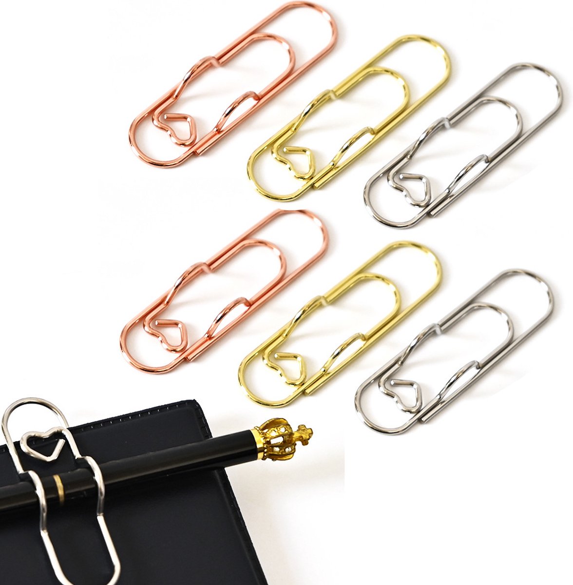 Paperclips - 6 Pieces - Paper Clips - Paper clamp - Designer Clips Pencil Holders - Pencil Holder - Heart Paperclip - Closure Clip - 3 Colors - School - Home