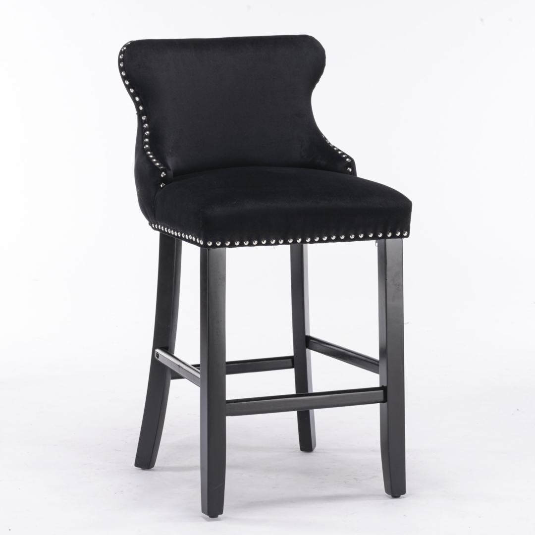 2x Velvet Upholstered Button Tufted Bar Stools with Wood Legs and Studs-Black โ image 2