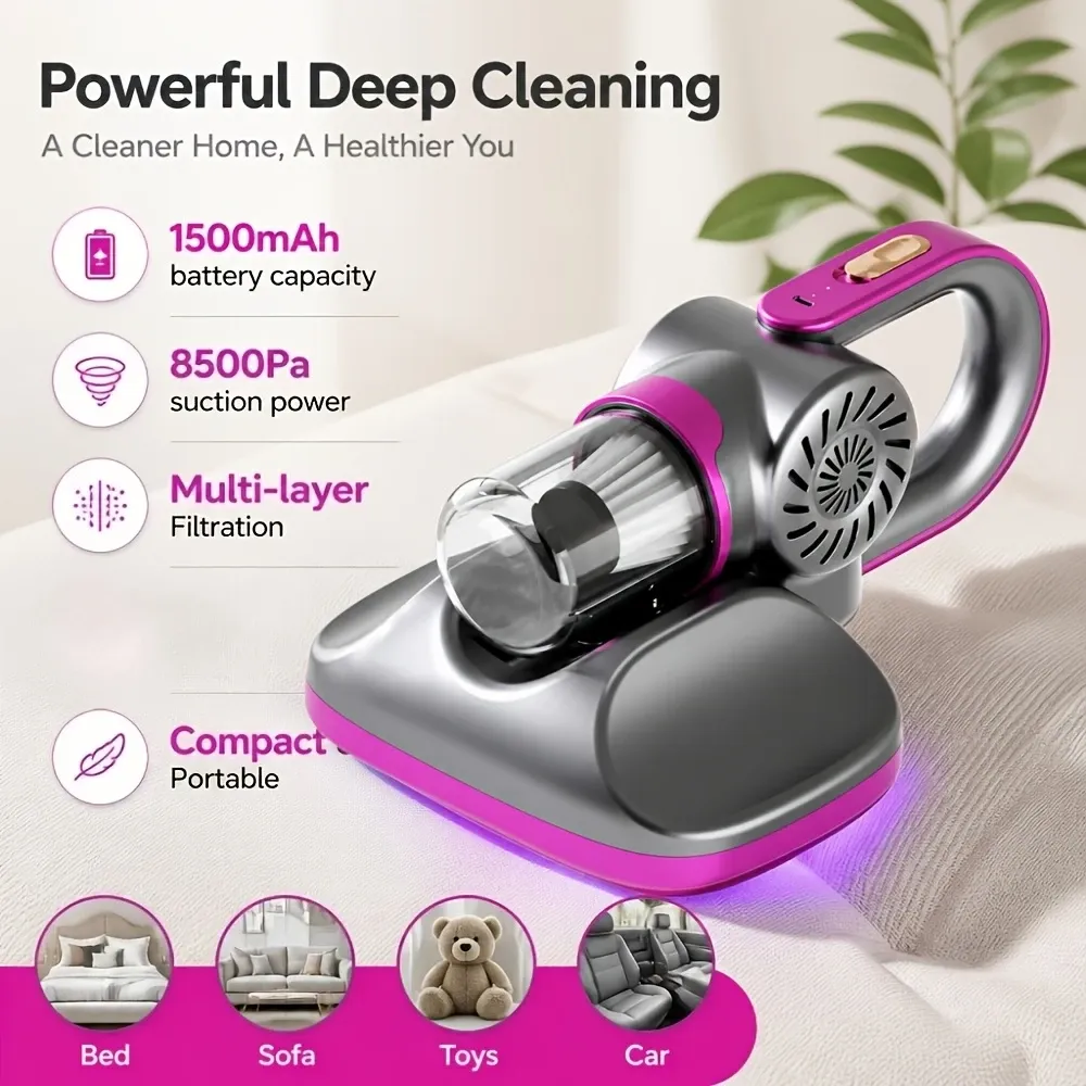 Cordless Mite Vacuum UV Sterilizer 8500Pa Suction HEPA Filter Warm Air, Mattress Sofa Pet Bed Dust Mite Remover./purple