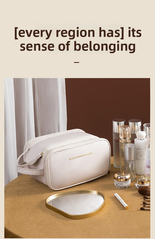 White Large Capacity PU Leather Makeup Bag Dual Zipper Cosmetic Case Waterproof Travel Toiletry Organiser with Brush Compartment โ image 5