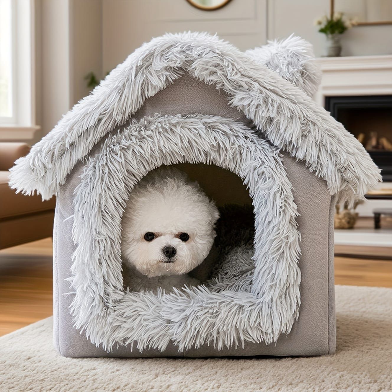 Plush Pet House with Detachable Cushion – Cozy, Warm, and Stylish Indoor Cat or Small Dog Bed – Soft Faux Fur Hideaway with Doorway – Perfect for Year-Round — image 2