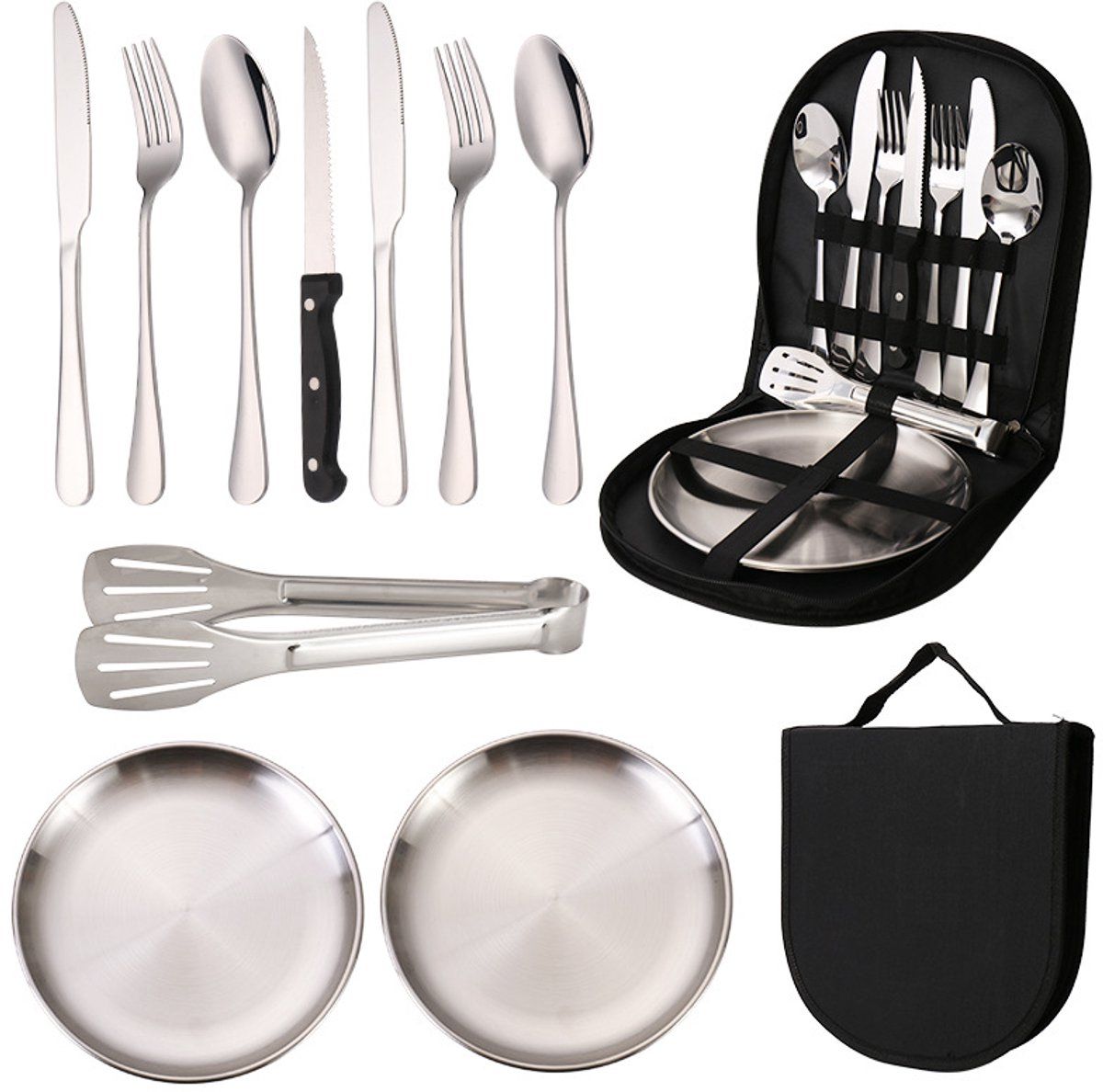 10 Pieces Stainless Steel Camping Cutlery Set with Forks, Spoons, Knives, Plates, Clip and Storage Bag for Outdoor Travel, Hiking and Picnics