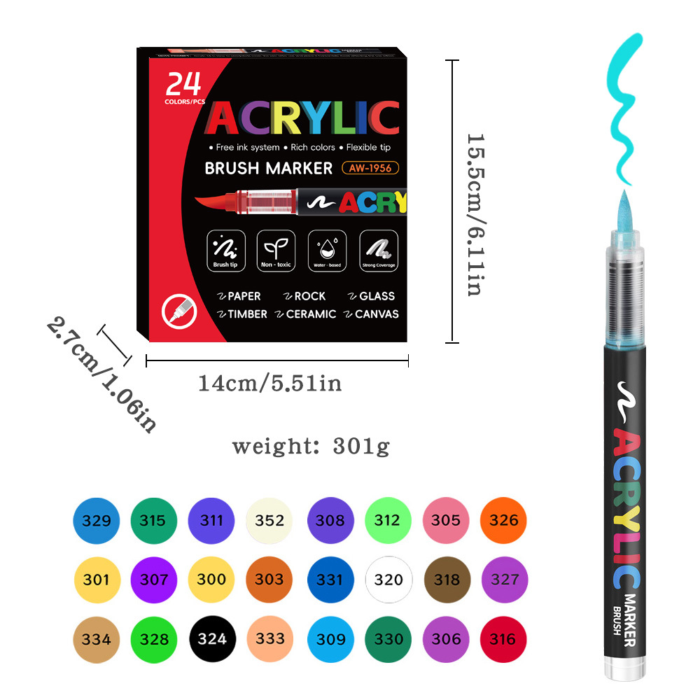 Acrylic Brush Marker – 24-Pack, Water-Based Ink, Flexible Tip
