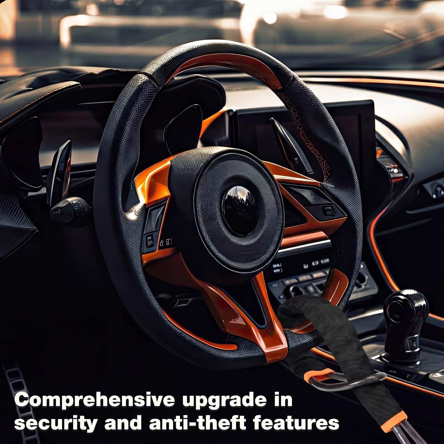 2 Set Yellow 28 Inch Car Steering Wheel Anti Theft Lock - Universal Steel Cable Anti Shear Seat Belt Lock with 3 Keys and Protective Sleeve, Waterproof and โ image 5