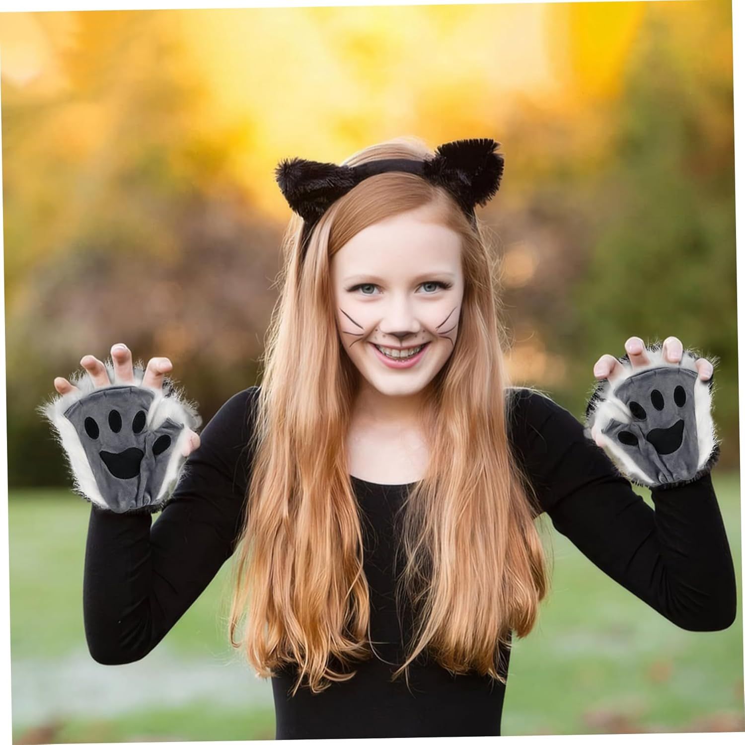 Black Grey Half Finger Cat Paw Therian Gloves for Adults Kids Cosplay, Embroidered Realistic Faux Fur Paws with Soft Texture, Perfect for Stage and Theme — image 4