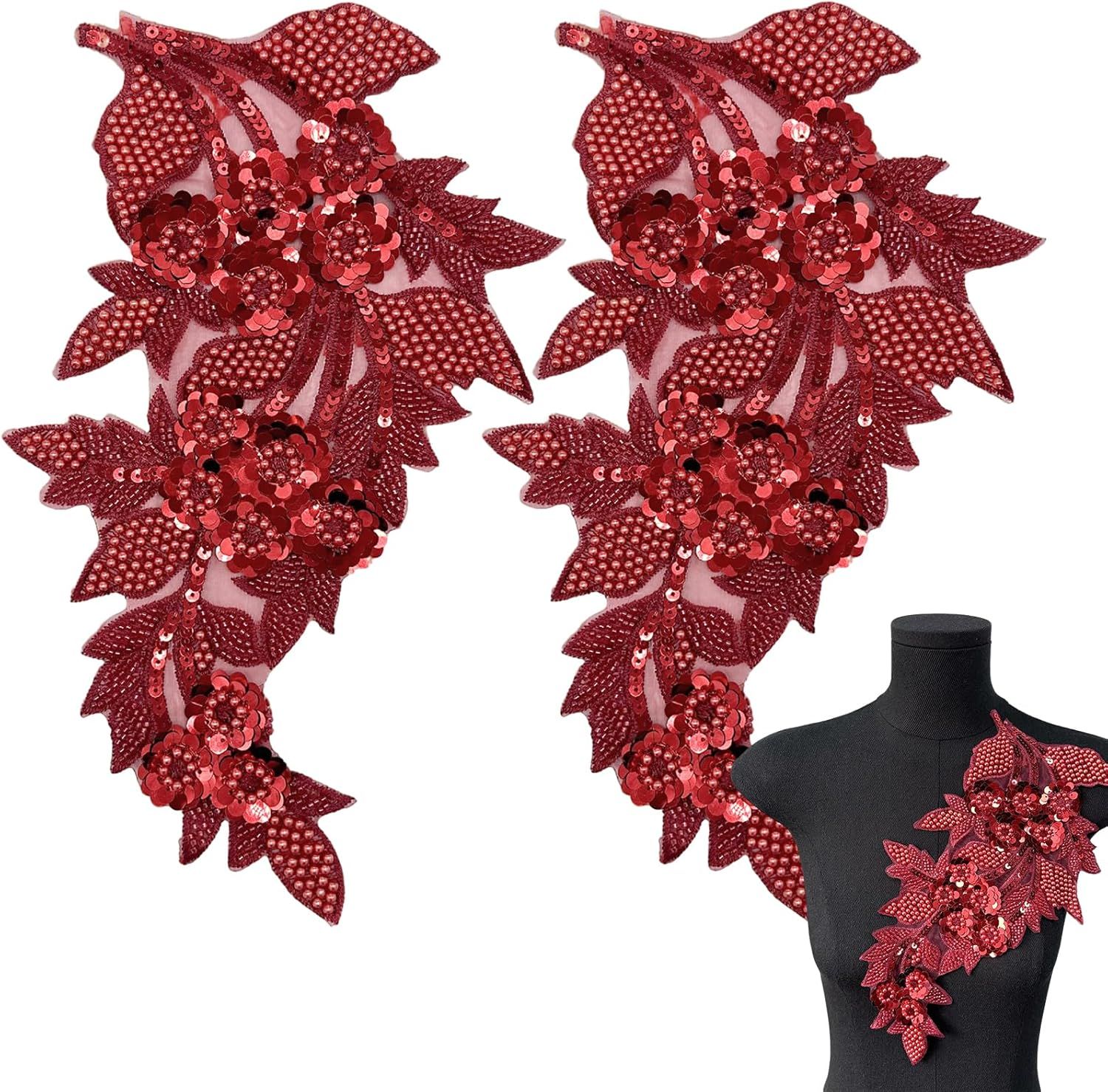 2 PCS Large 3D Beaded Embroidery Sequin Lace Applique Pearl Lace Applique Patches for Clothes, DIY Patches Accessory for Wedding Dresses,Neckline Bodice Pants