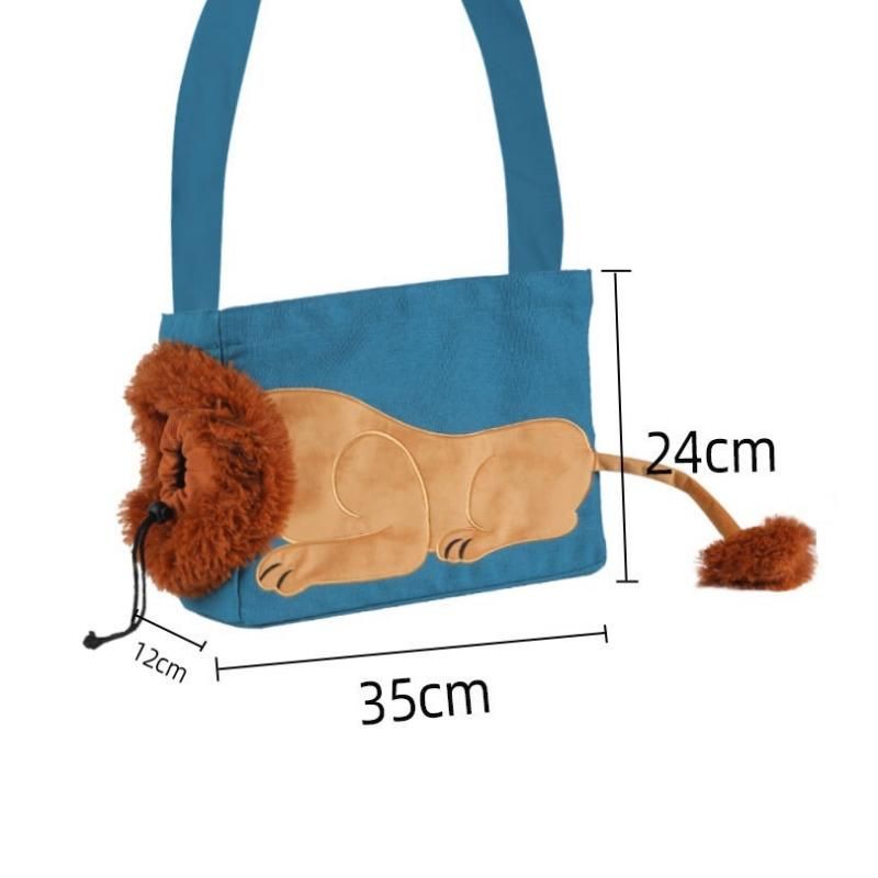 Lion Style Canvas Pet Carrier Blue Bag(small size 35*12*24cm) - Adjustable Head Opening, Breathable Mesh, 8cm Wide Shoulder Strap, PE Support Base, Portable