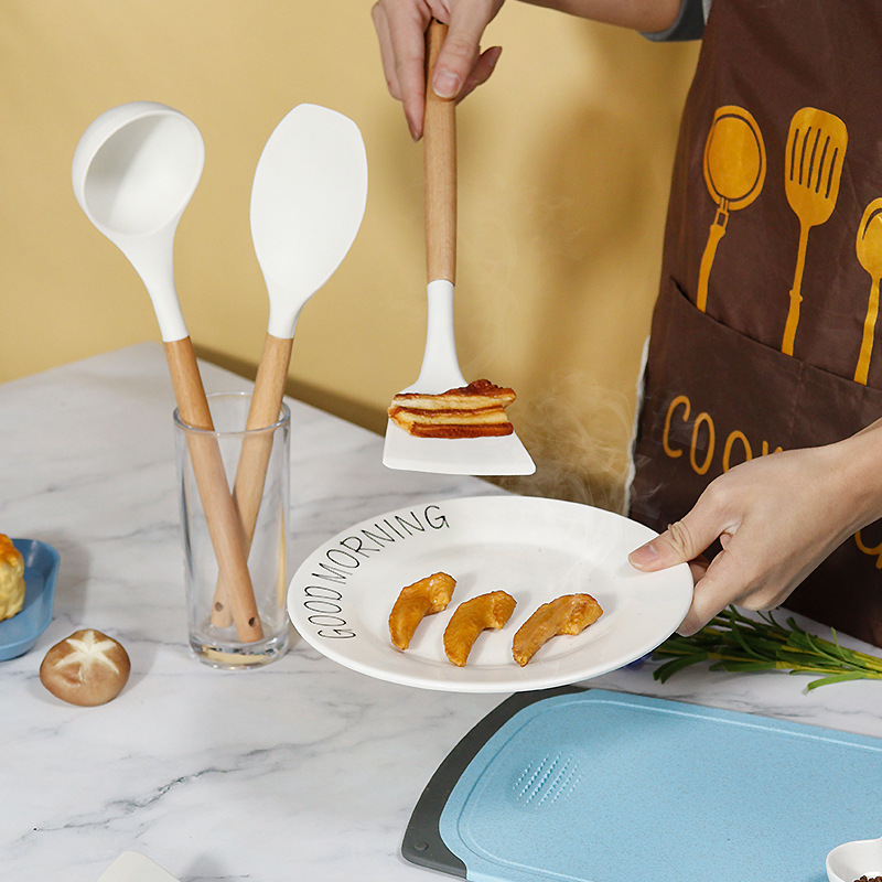 Dark Green 11-Piece Silicone Kitchen Utensil Set with Wooden Handles and Storage Bucket - Heat Resistant and Non-Stick โ image 4