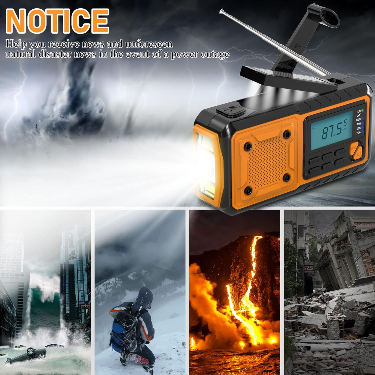 Hand-crank emergency radio - Portable AM/FM and shortwave radio - Supports charging via solar power/USB/hand crank - Equipped with a 4000 mAh rechargeable — image 6