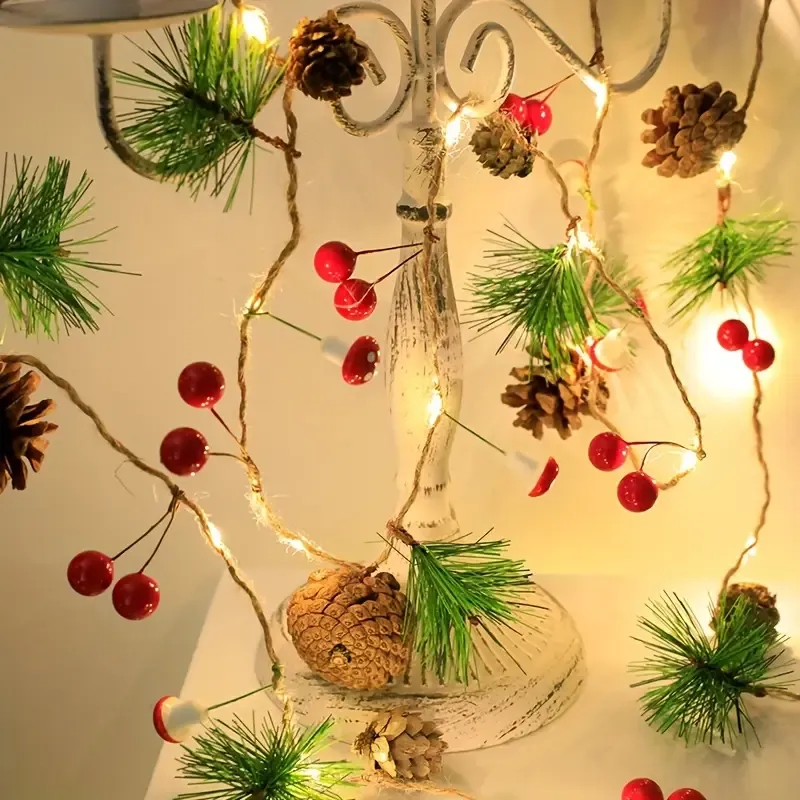 Christmas Forest-Style Decorative String Light | 200cm, 20 Warm White LEDs, Adorned with Pine Needles, Pinecones & Red Berries, Battery-Powered (Batteries Not — image 5