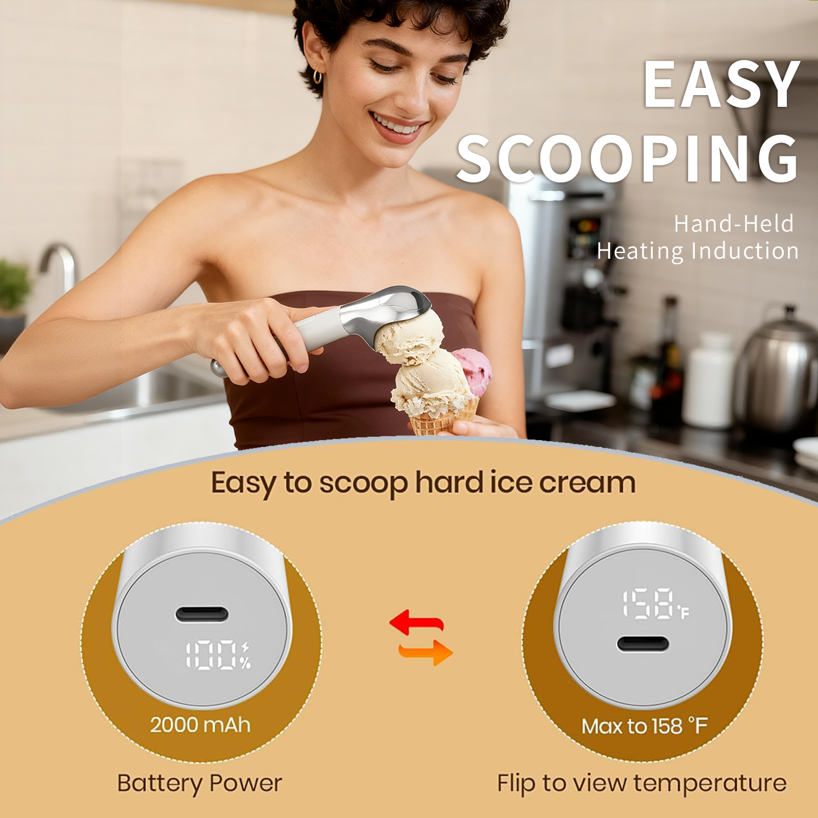 Heated Ice Cream Scoop, Rechargeable Electric Warming Scooper, Heats to for Hard Ice Cream, Waterproof, Easy for Seniors & Kids (White,17.8*4.3cm) — image 3