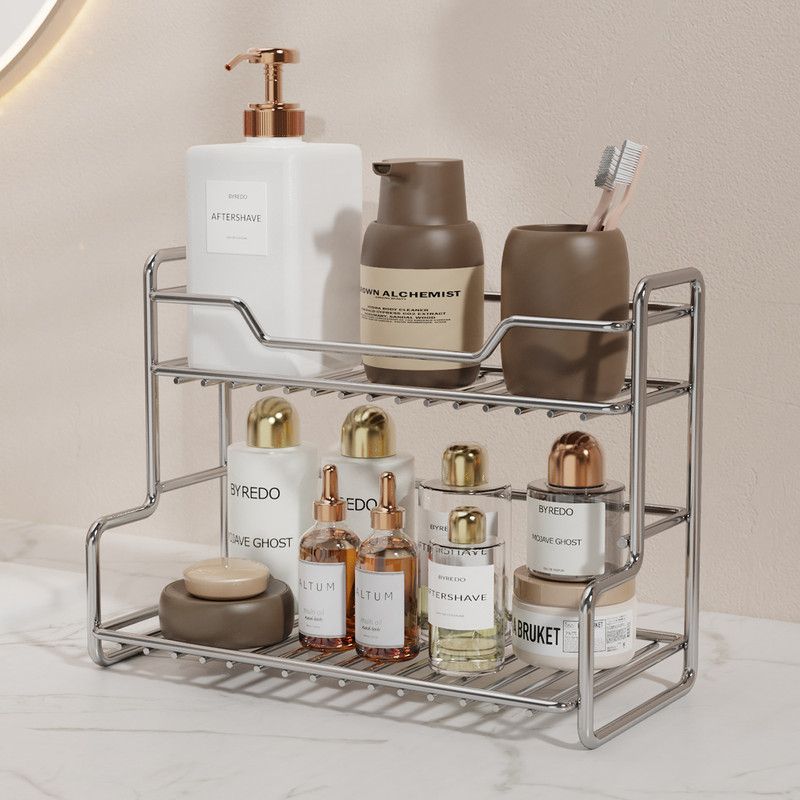 304 Stainless Steel Two Layers Tabletop Storage Rack Kitchen Spice Rack Bathroom Cosmetics Mouthwash Cup Organizer Shelf-Silver โ image 3