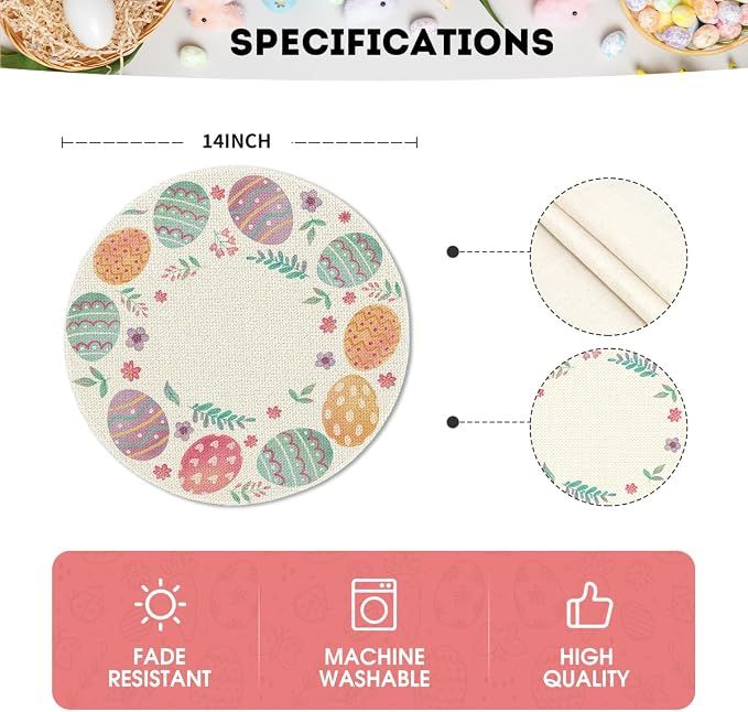 Easter Round Placemats Set of 4, 14 Inch Colored Eggs Floral Spring Round Table Mats for Easter Party Kitchen Dining Decoration โ image 5