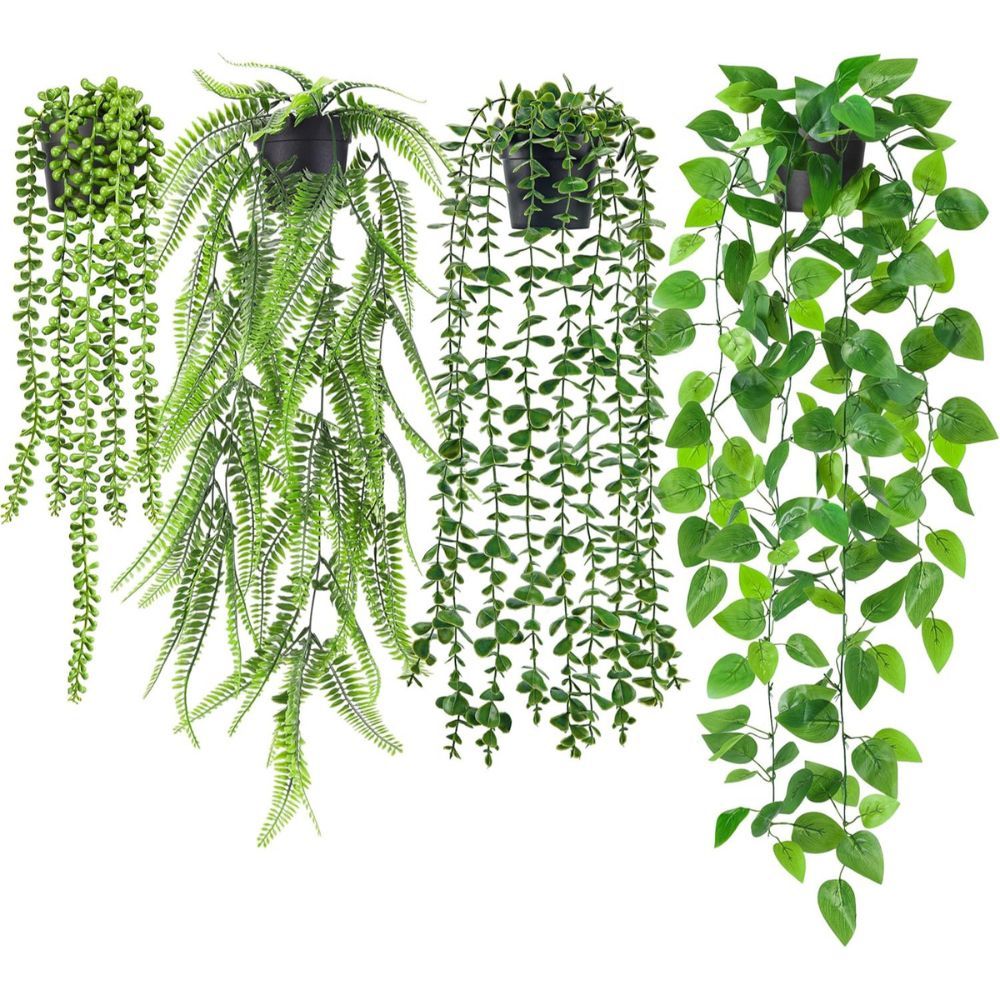 Set of 4 Artificial Hanging Trailing Plants, Fake Eucalyptus, String of Pearls, Boston Fern & Heart Leaf Pothos Vines, Low Maintenance Faux Potted Greenery for
