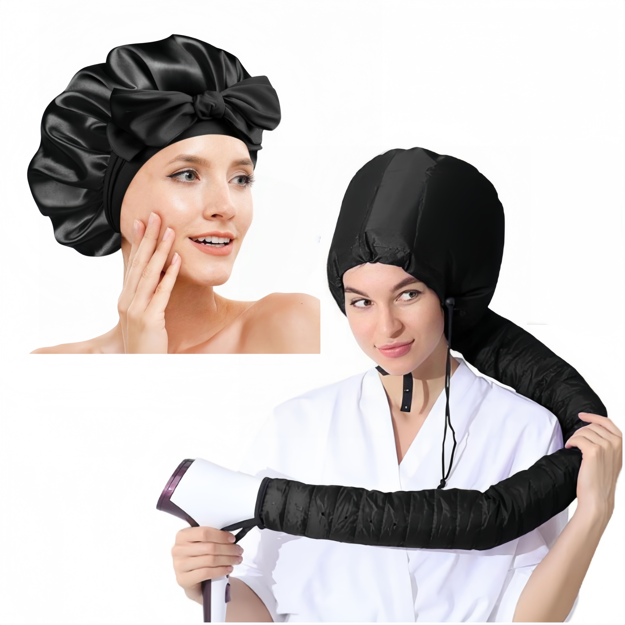 Silk Bonnet for Sleeping and Hooded Hair Dryer Attachment Set, Elastic Tie Band Sleep Bonnet for Women Curly Hair, Fast Drying Hair Dryer Diffuser Cap for Hair