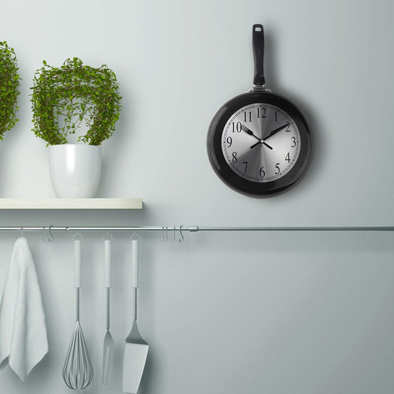 Wall Clock, 8 inch Metal Frying Pan Kitchen Wall Clock Home Decor - Kitchen Themed Unique Wall Clock with (Black) — image 4