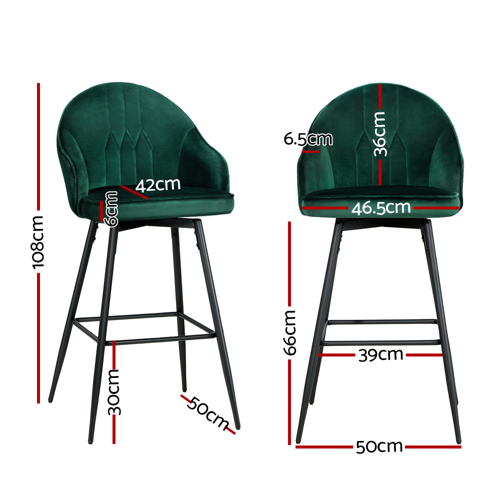 Artiss 2x Bar Stools Velvet Swivel Metal Legs Green — image 2