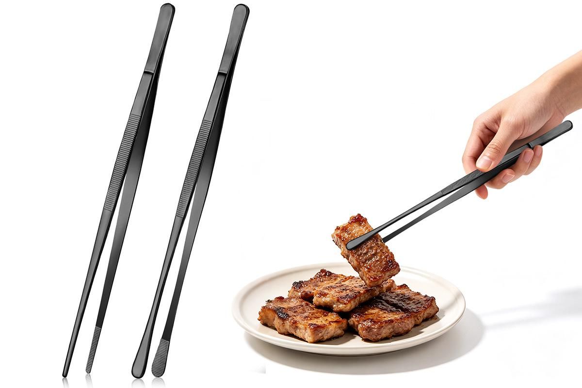 2 Pack 30cm BBQ Tongs Stainless Steel Round and Straight Head for Grilling Cooking - Black