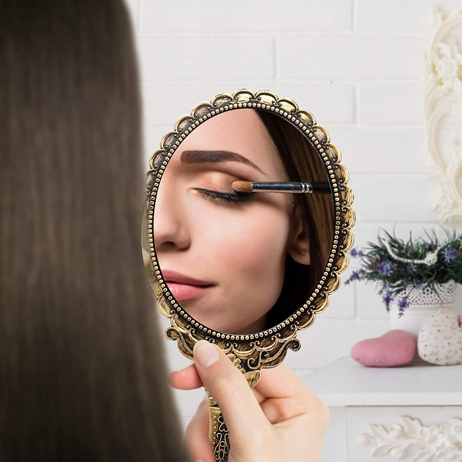 Vintage Handheld Mirror, Small Hand Held Decorative Mirrors for Face Makeup Embossed Flower Portable Antique Travel Personal Cosmetic Mirror Brass Gold β image 4