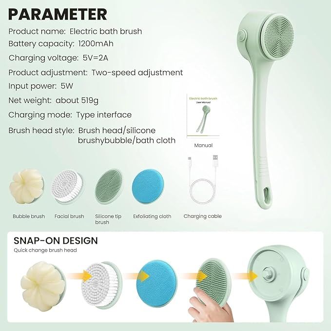Electric Shower Body Scrubber Brush with 4 Heads, IPX5 Waterproof Rechargeable Back Cleaner for Exfoliating & Massage, 2-Speed Rotating Bath Brush for — image 5