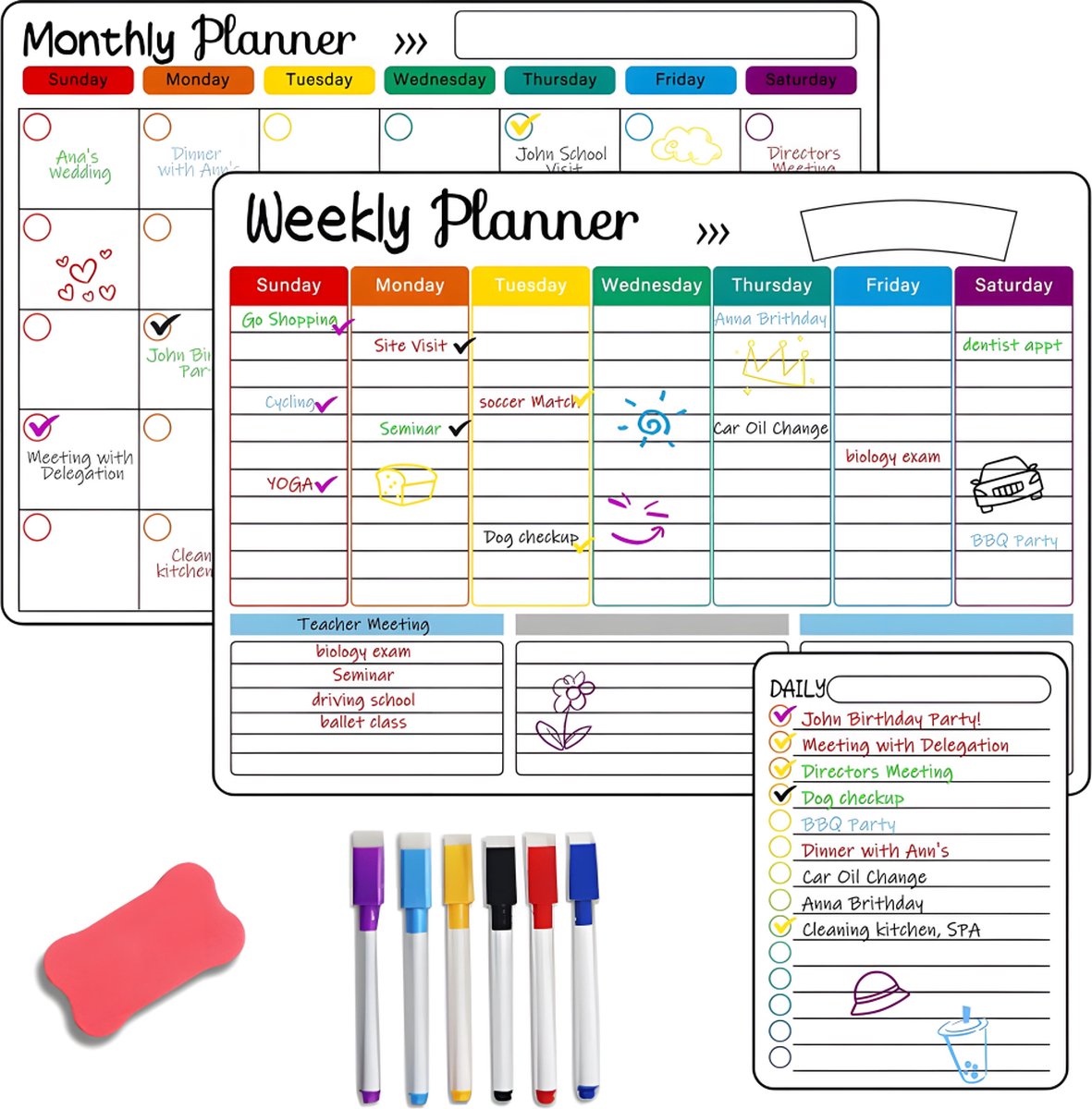Monthly Planner & Weekly Planner Whiteboard Set - Magnetic Planning Board - Magnetic Monthly Planner - Magnetic Weekly Planner - Magnetic Board Including Day