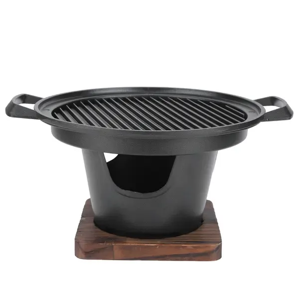 1 Piece Korean Smokeless Charcoal BBQ Grill, Aluminium Grill with Wood Base for Home Barbecues, Black, 26 × 21 × 12.5 cm — image 2