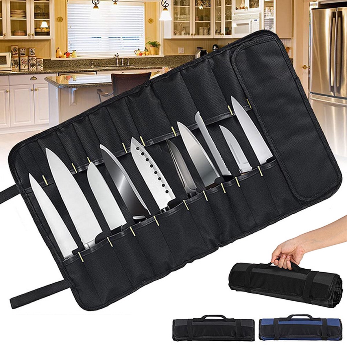 Knife Set Storage Bag - Professional Chef's Cutlery Bag - Chef's Knife Bag For up to 22 Knives - Black - Kitchen Set - Chef's Knife Roll Bag - Travel Tool Roll