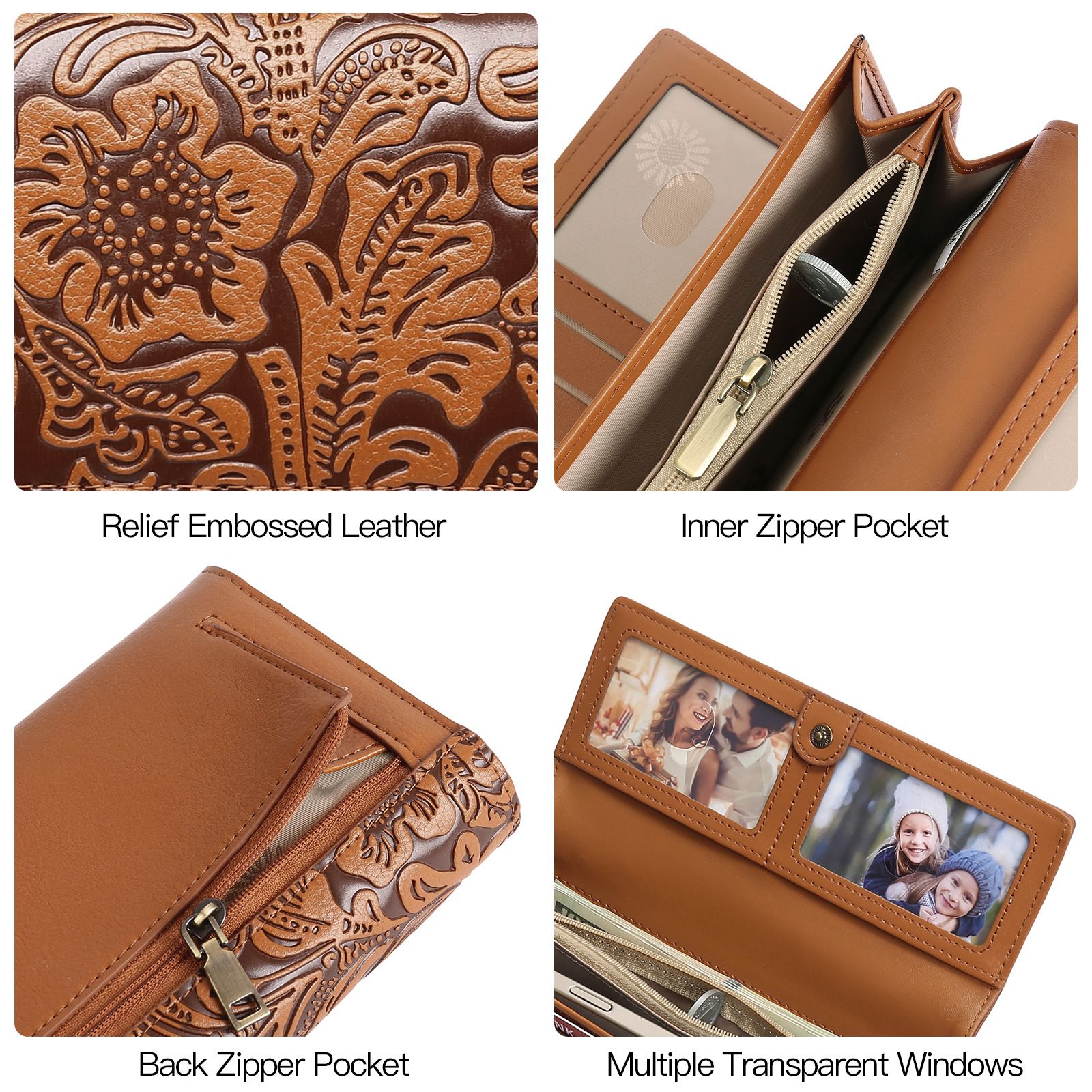 Brown Women's Vintage Embossed Microfibre Leather Long Wallet - Large Capacity Trifold Clutch with Muti Pockets and Wristlet Strap โ image 5