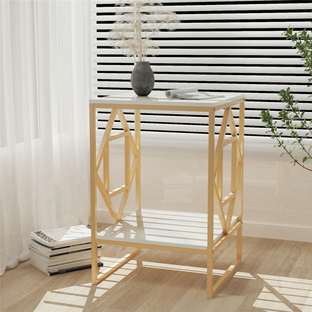 White Marble Gold Side Table Living Room End Accent Table Nightstand with Shelf โ image 5