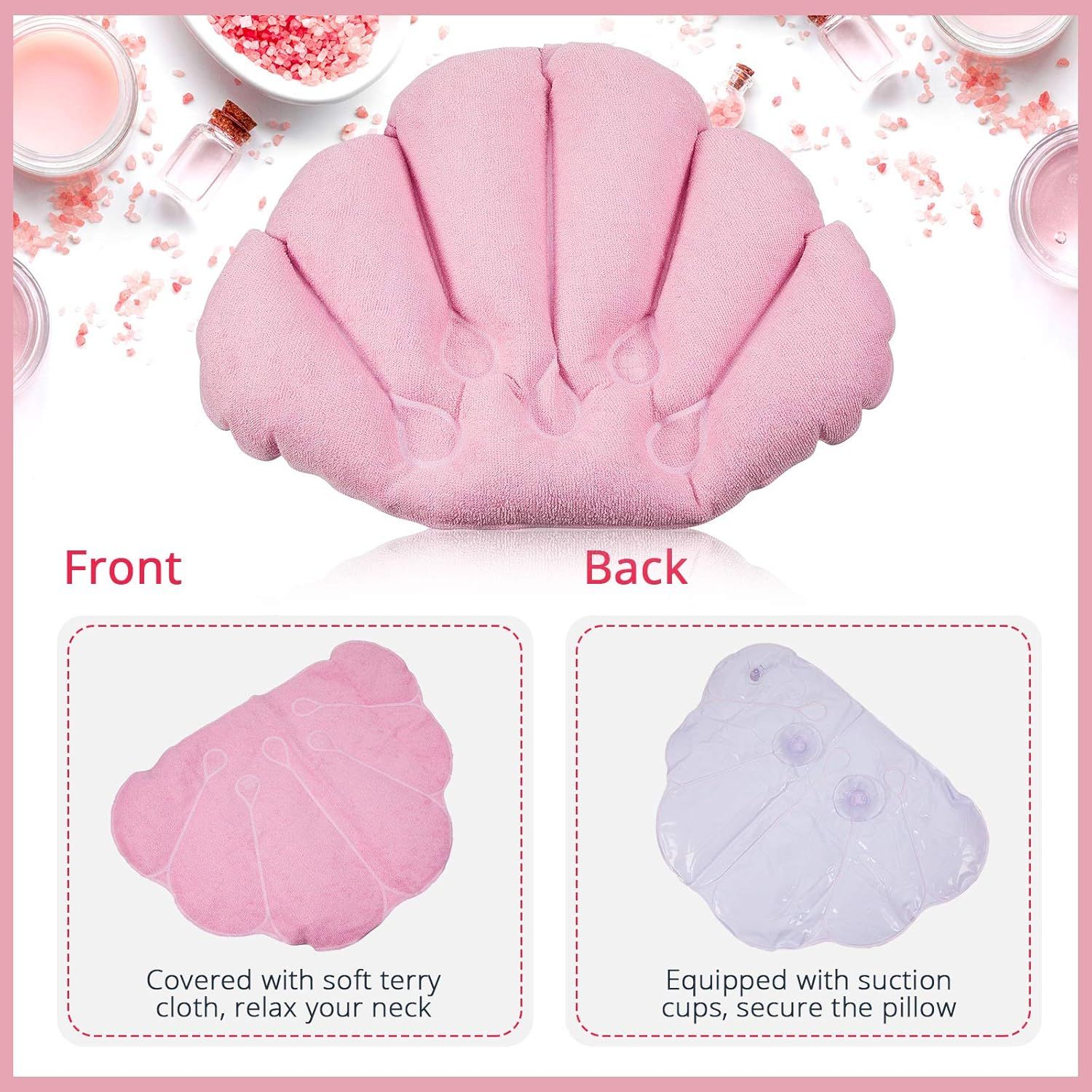 2 Pieces Inlatable Bath Pillow with Suction Cups, Terry Cloth Covered Bath Pillow Shell Shape Bathtub Spa Pillow Comortable Sot Bath Cushion, Neck Support or — image 3